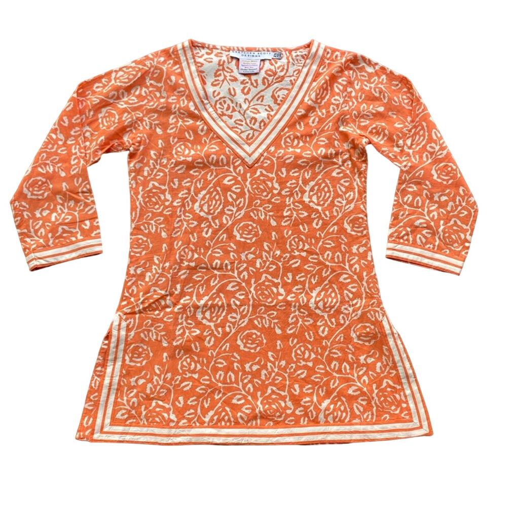 GRETCHEN SCOTT Tunic Womens Sz XS Orange Floral Paisley Cotton Coastal Beach